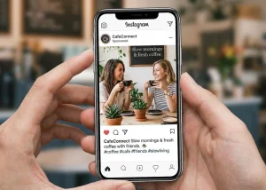 A freelance social media marketer showcasing a CafeConnect Instagram advertisement on a smartphone featuring friends enjoying coffee together.